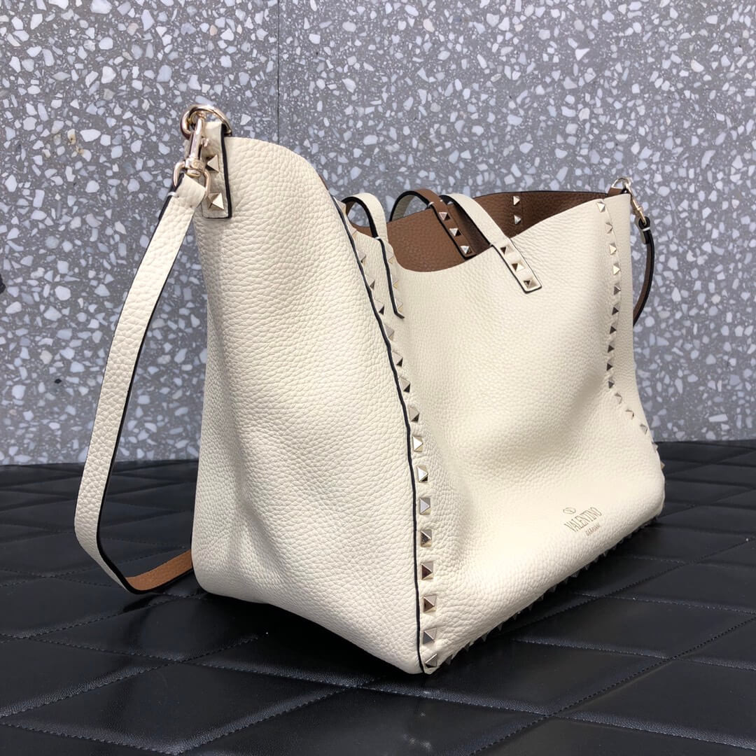 Valentino Garavani Medium Double Rockstud Reversible Tote Bag 0067J  Brown/White
