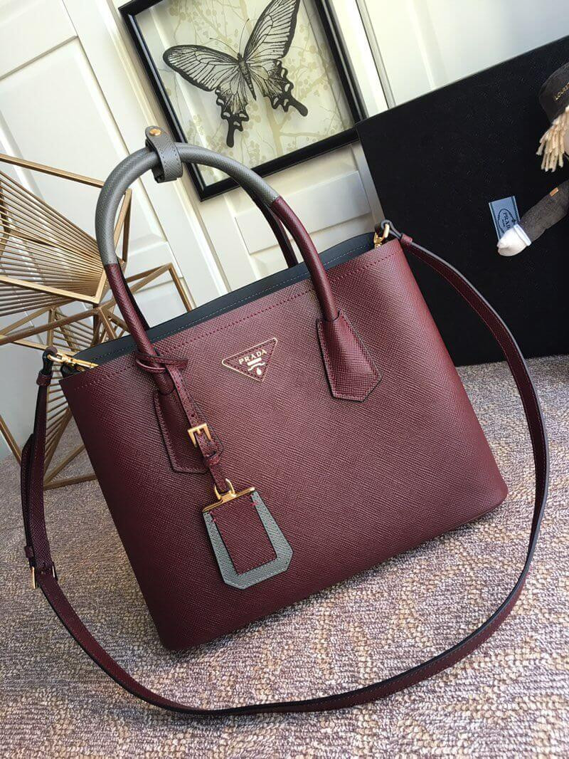 Prada Two-Tone Saffiano Leather Double Bag 1BG775 Burgundy/Grey