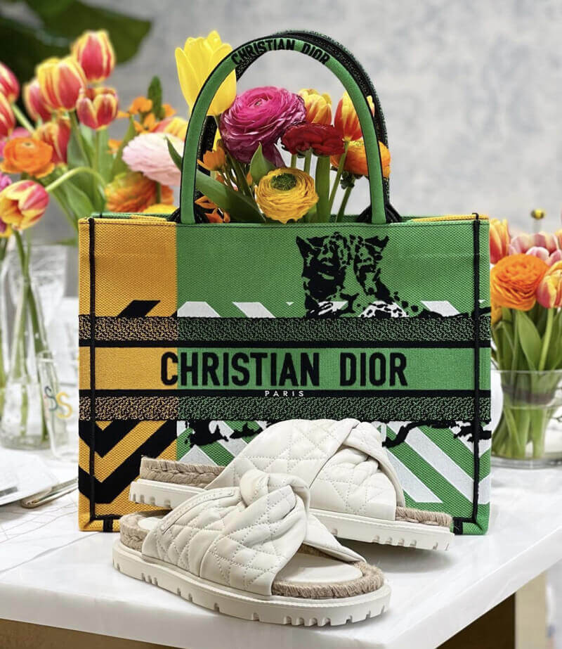 Christian Dior Medium Book Tote Bright Green and Orange D-Jungle Pop Embroidery M1296