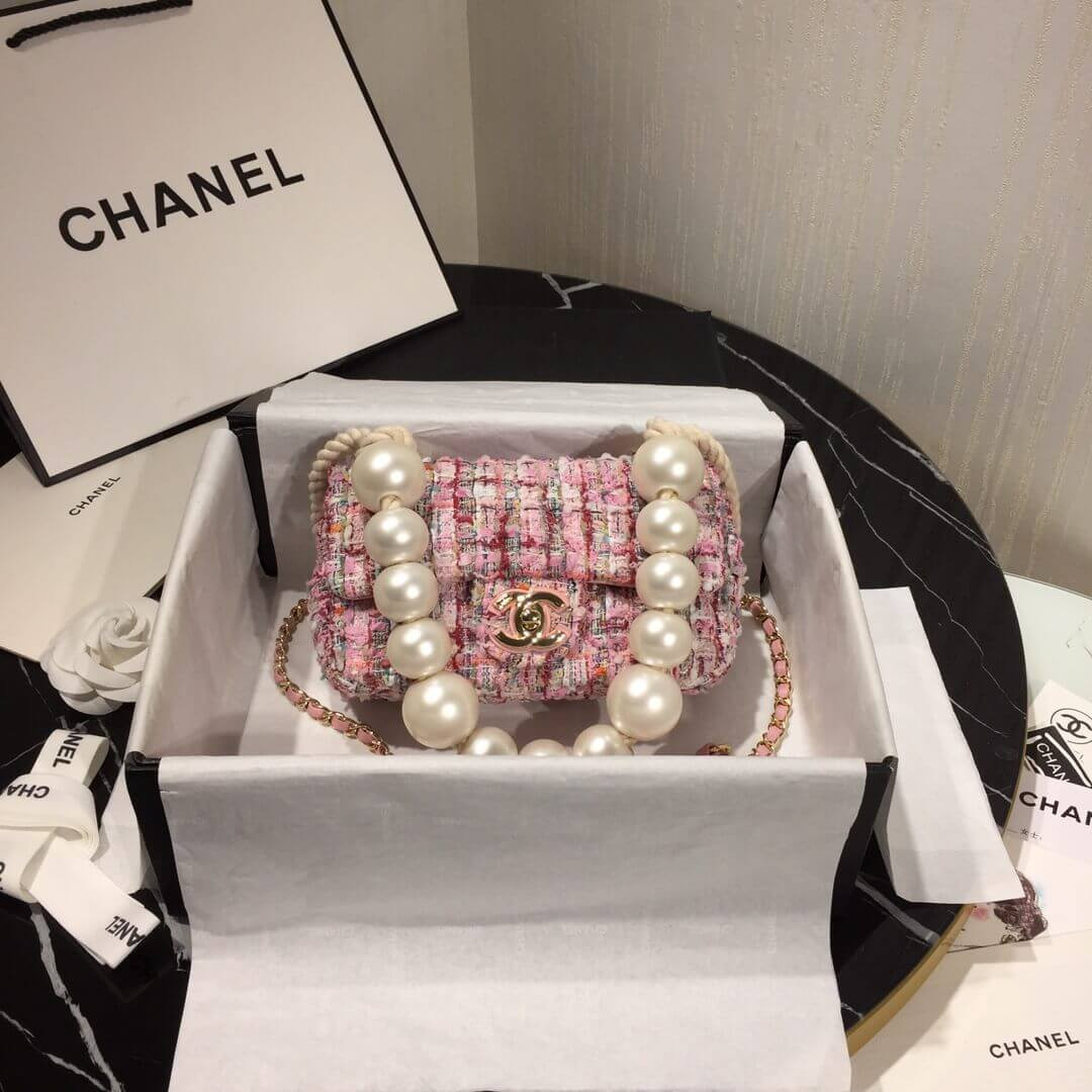 Chanel Tweed Flap Bag With Large Pearl Handle AS0593