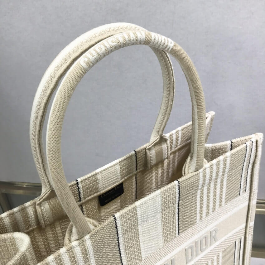 Dior Small Book Tote Beige Stripes Embroidery M1296