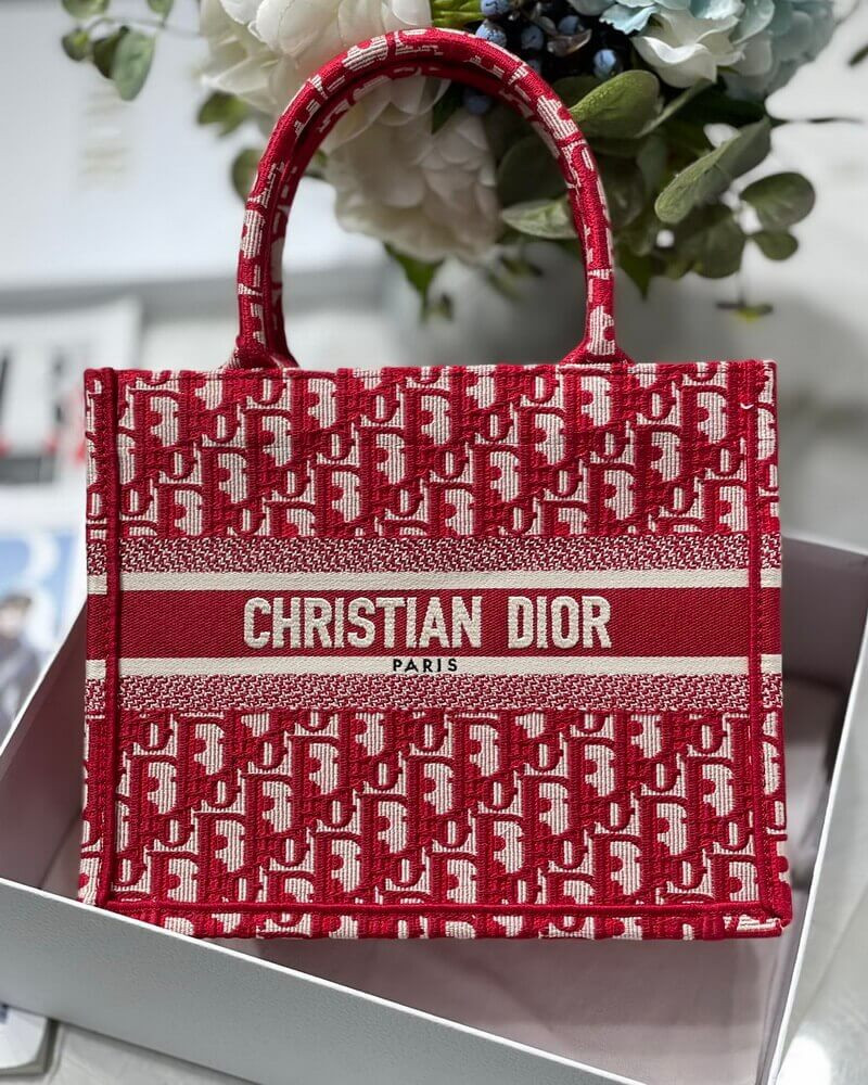 Christian Dior Small Book Tote Bag 26cm Oblique Embroidery Red