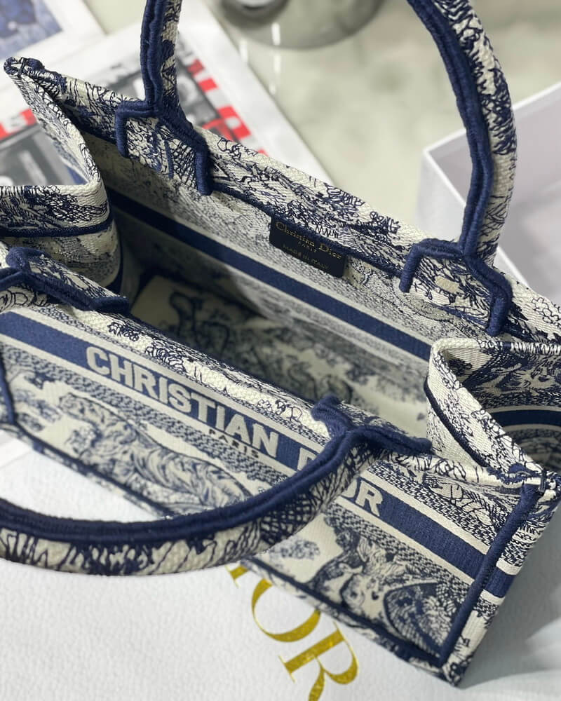 Christian Dior Small Book Tote Bag 26cm Toile De Jouy Reverse Embroidery Blue