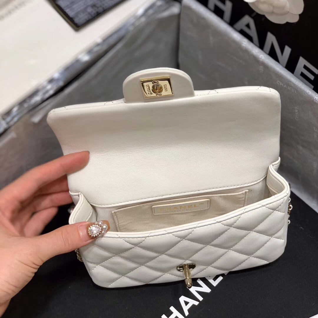 Chanel Small Pearl Logo Strap Flap Bag AS1436 White