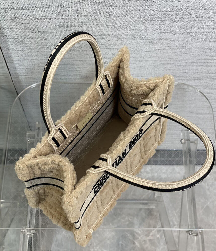 Christian Dior Small Book Tote Beige Cannage Shearling M1265