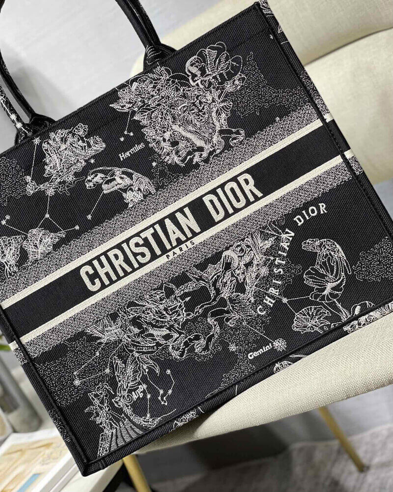 Christian Dior Large Book Tote Black Toile de Jouy Zodiac Embroidery M1286