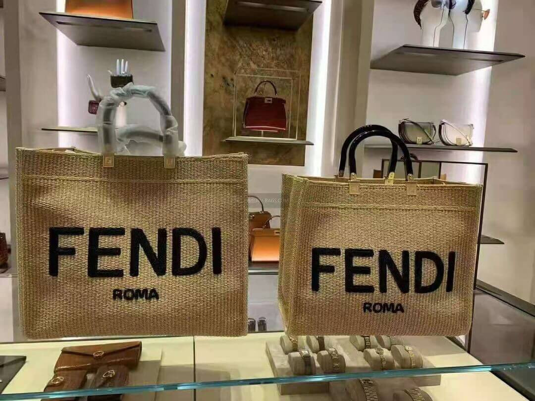 Fendi Sunshine Medium Shopper Woven Raffia Tote 8BH386 Beige