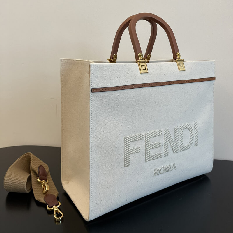 Fendi Medium Sunshine Tote Bag in Cream Canvas 8BH386