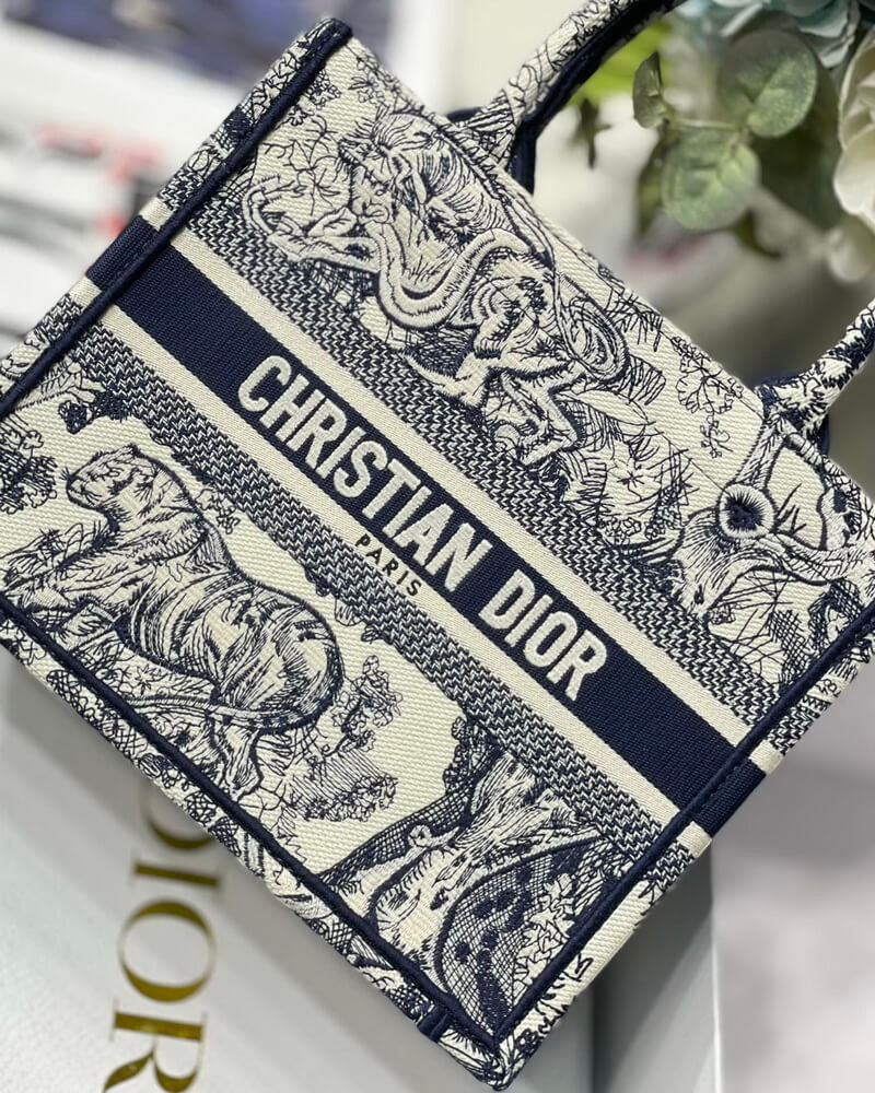 Christian Dior Small Book Tote Bag 26cm Toile De Jouy Reverse Embroidery Blue