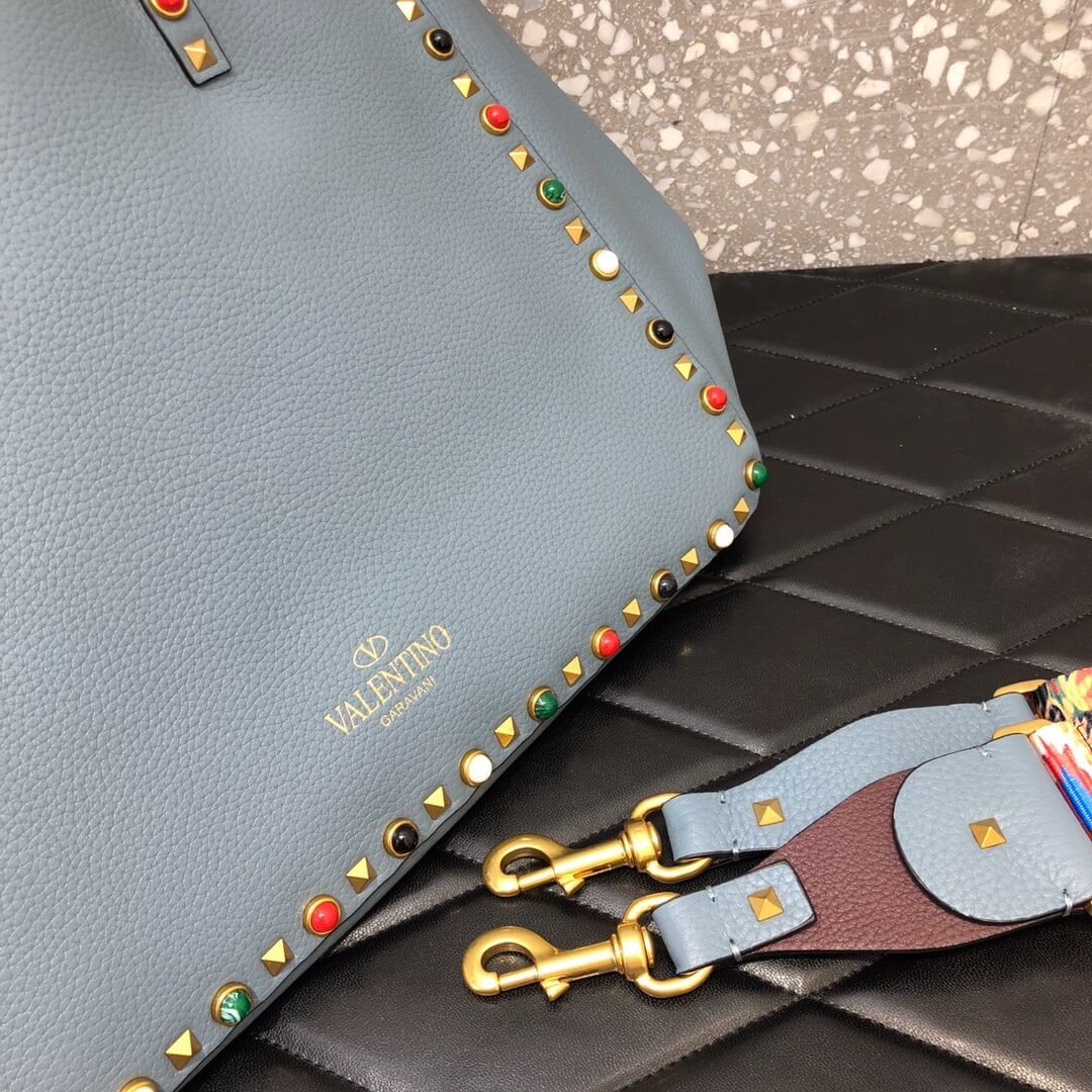 Valentino Garavani Medium Double Rockstud Reversible Tote Bag 0067G Blue/Burgundy