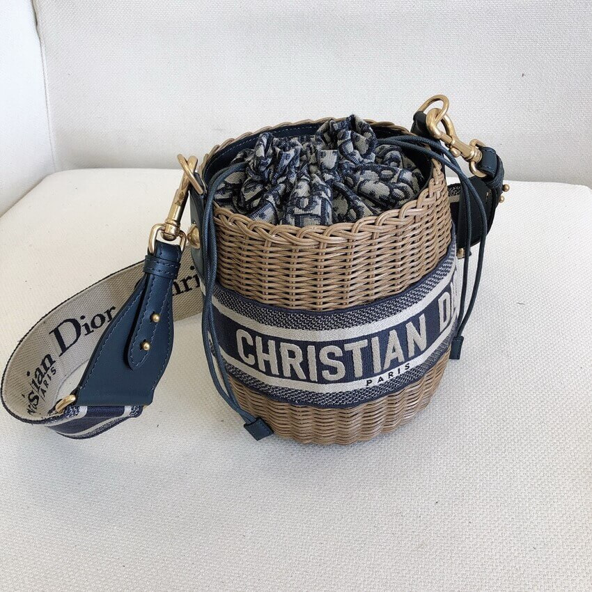 Christian Dior Wicker Basket Shoulder Bag Blue Oblique M7600