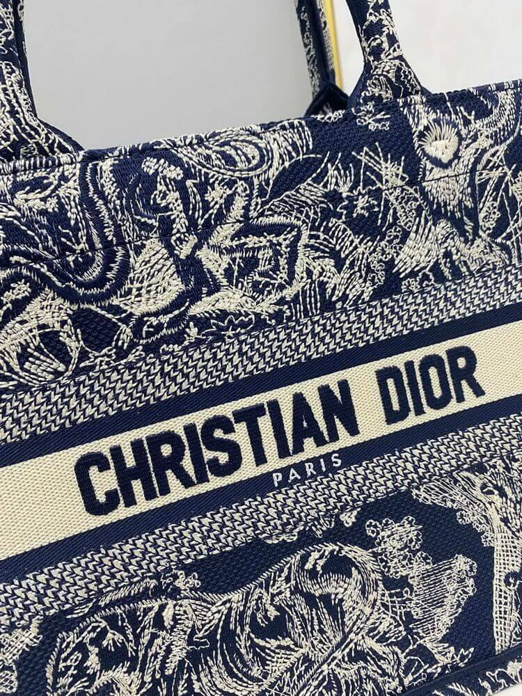 Christian Dior Small Book Tote Bag 26cm Toile De Jouy Embroidery Blue