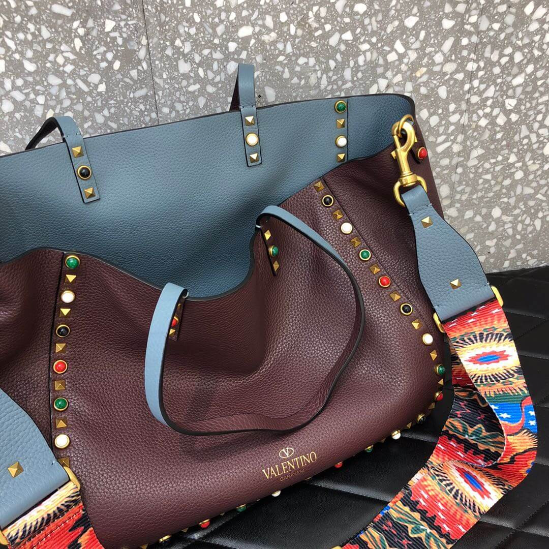 Valentino Garavani Medium Double Rockstud Reversible Tote Bag 0067G Blue/Burgundy