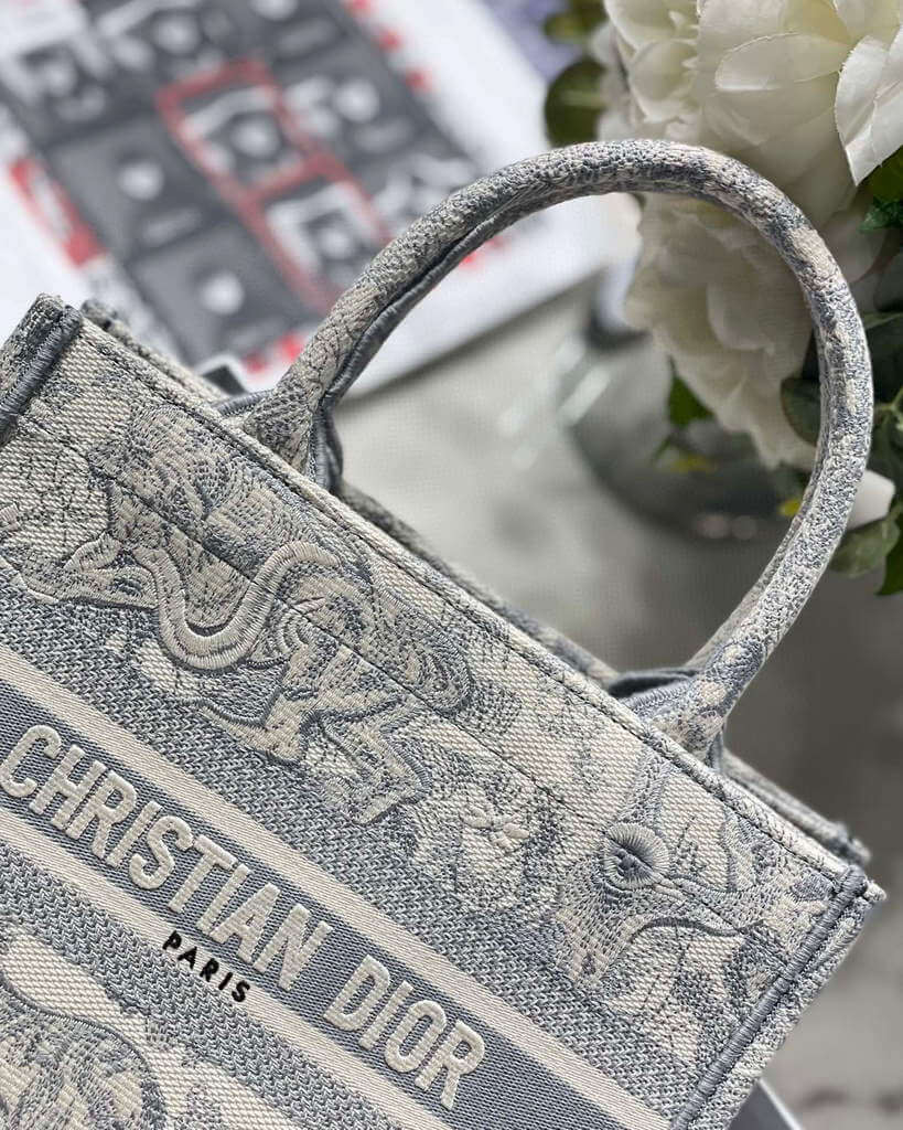 Christian Dior Small Book Tote Bag 26cm Toile De Jouy Reverse Embroidery Grey