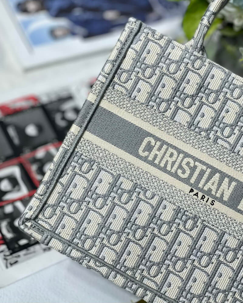 Christian Dior Small Book Tote Bag 26cm Oblique Embroidery Gray