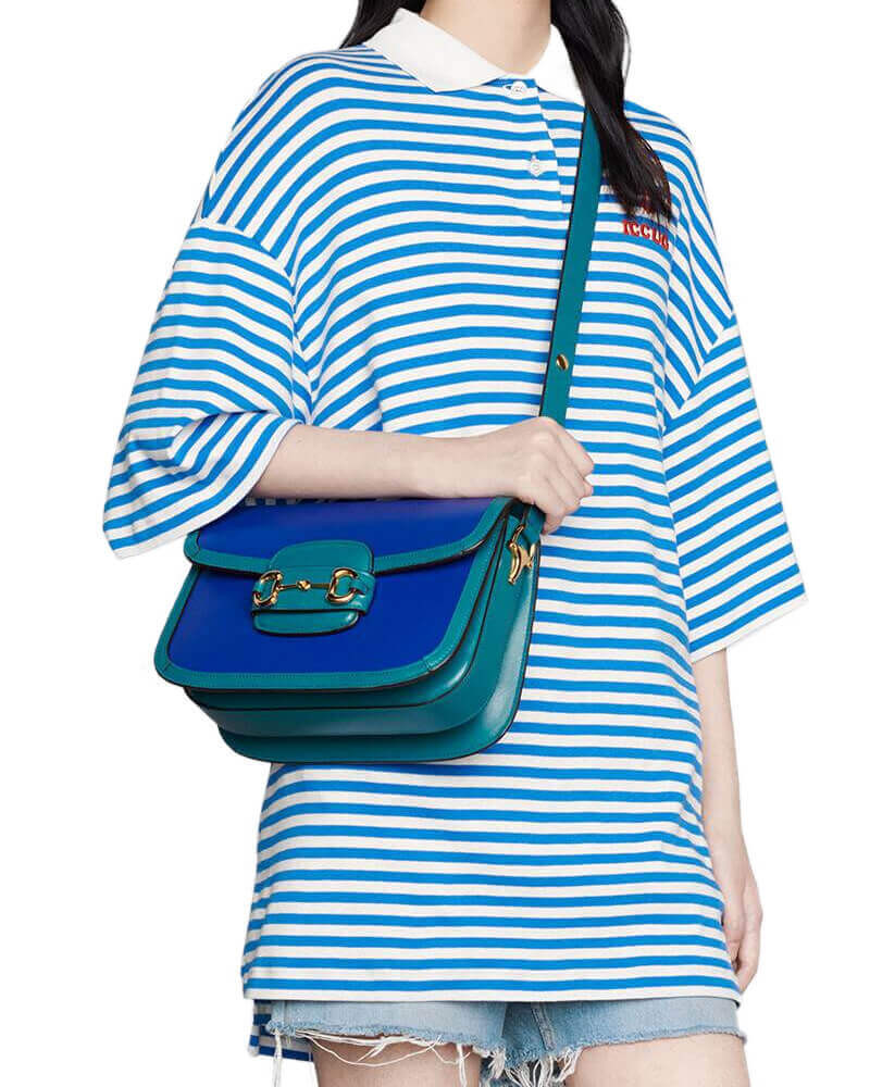 Gucci Horsebit 1955 Small Shoulder Bag 602204 Blue and Green Leather