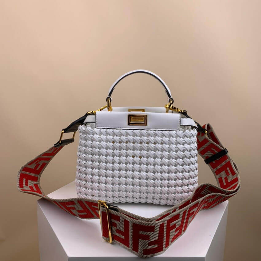 Fendi Peekaboo Iconic Mini Leather Interlace Bag 2031 White
