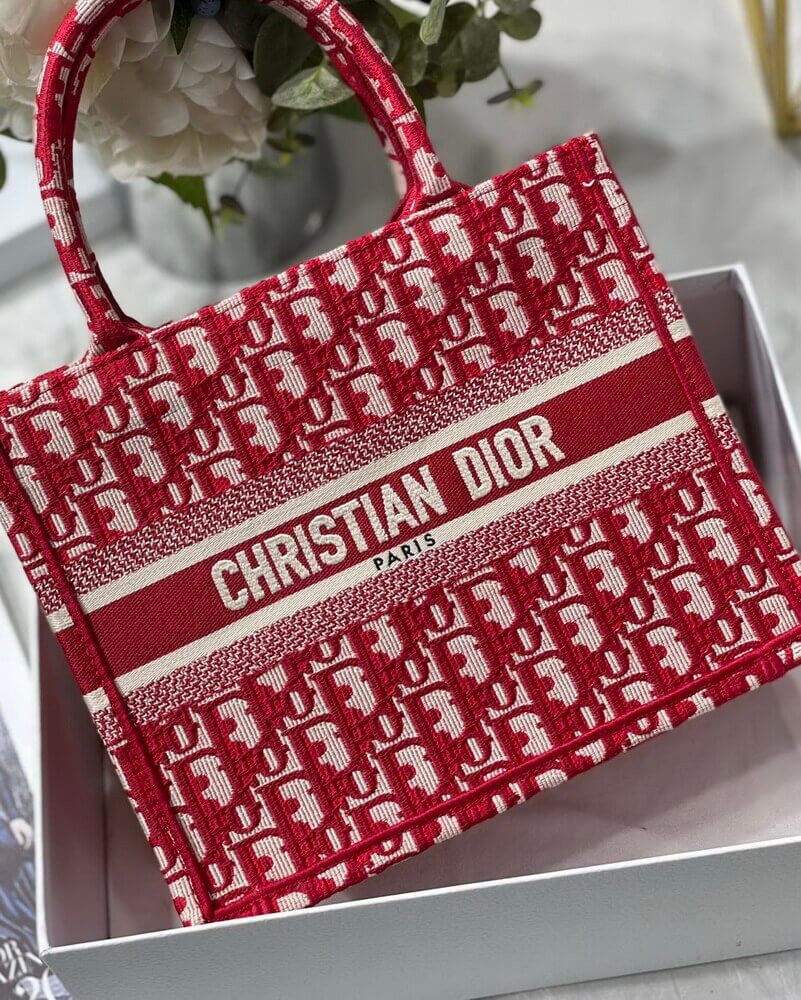 Christian Dior Small Book Tote Bag 26cm Oblique Embroidery Red