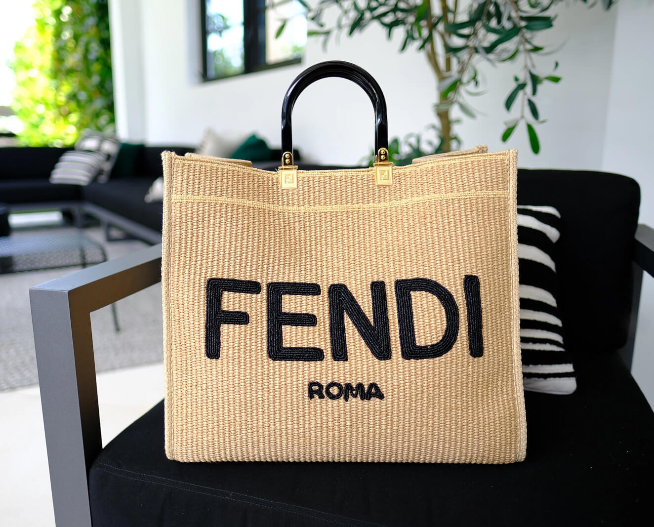 Fendi Sunshine Large Shopper Woven Raffia Tote 8BH372 Beige