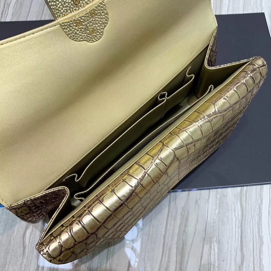 Chanel Metallic Crocodile Embossed Clutch AS0857