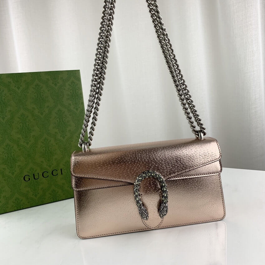 Gucci Dionysus Small Shoulder Bag in Rose Gold Lame Leather 499623