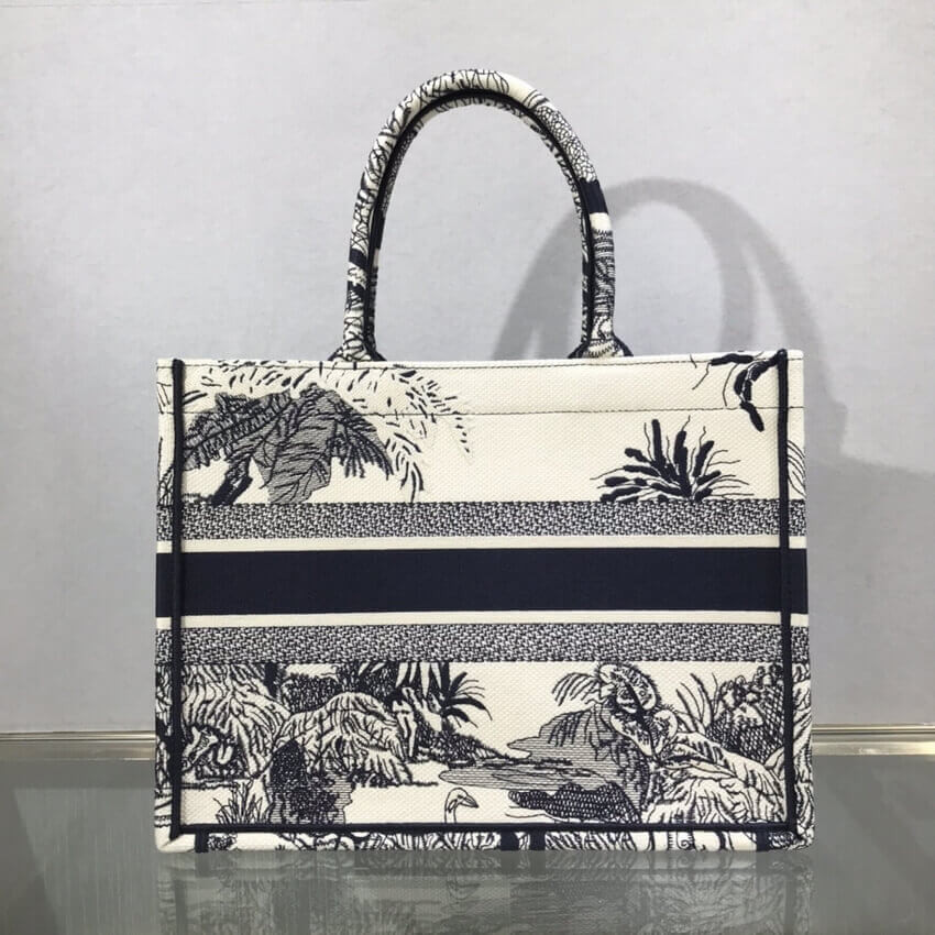 Dior Small Book Tote Blue Toile de Jouy Palms Embroidery M1296