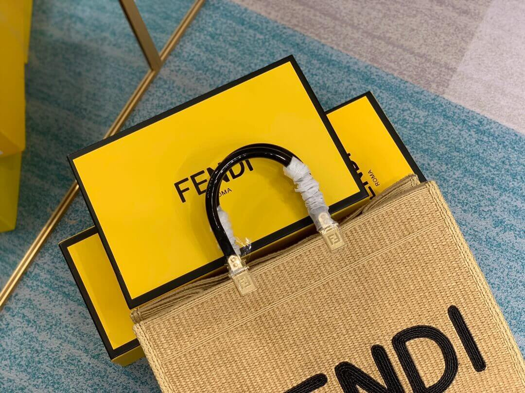 Fendi Sunshine Medium Shopper Woven Raffia Tote 8BH386 Beige