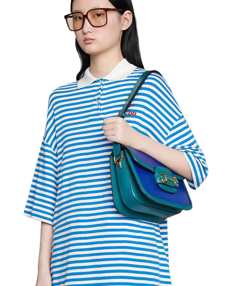 Gucci Horsebit 1955 Small Shoulder Bag 602204 Blue and Green Leather