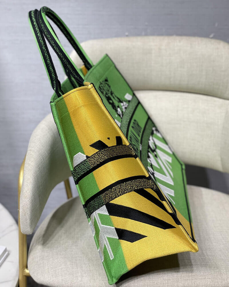 Christian Dior Large Book Tote Bright Green and Orange D-Jungle Pop Embroidery M1286
