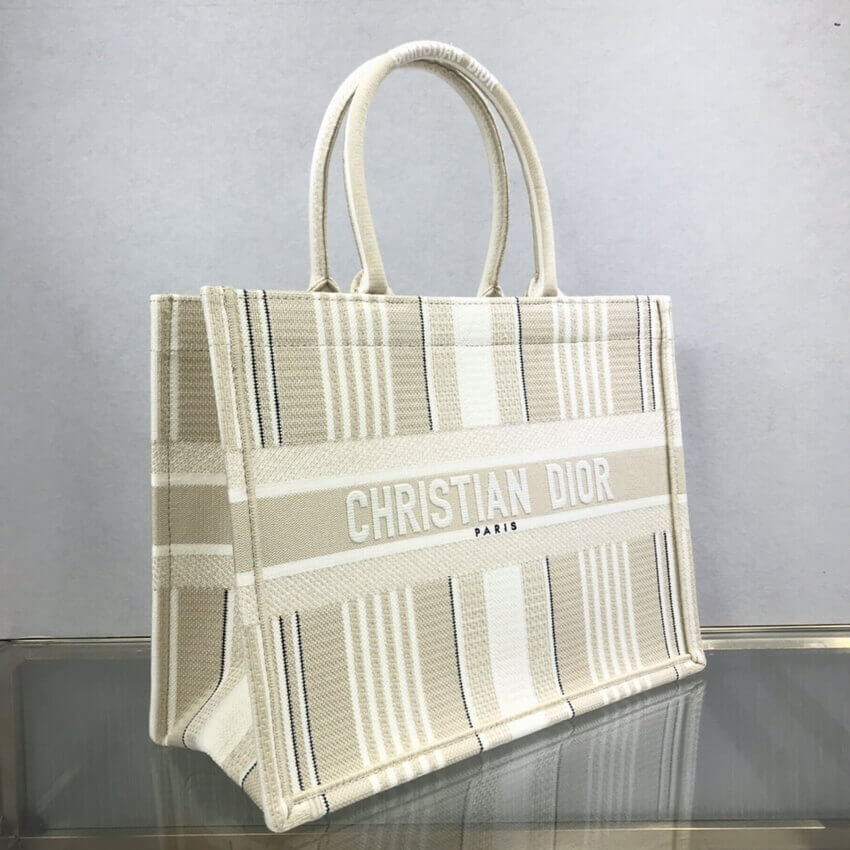Dior Small Book Tote Beige Stripes Embroidery M1296