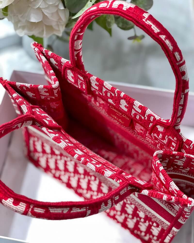 Christian Dior Small Book Tote Bag 26cm Oblique Embroidery Red