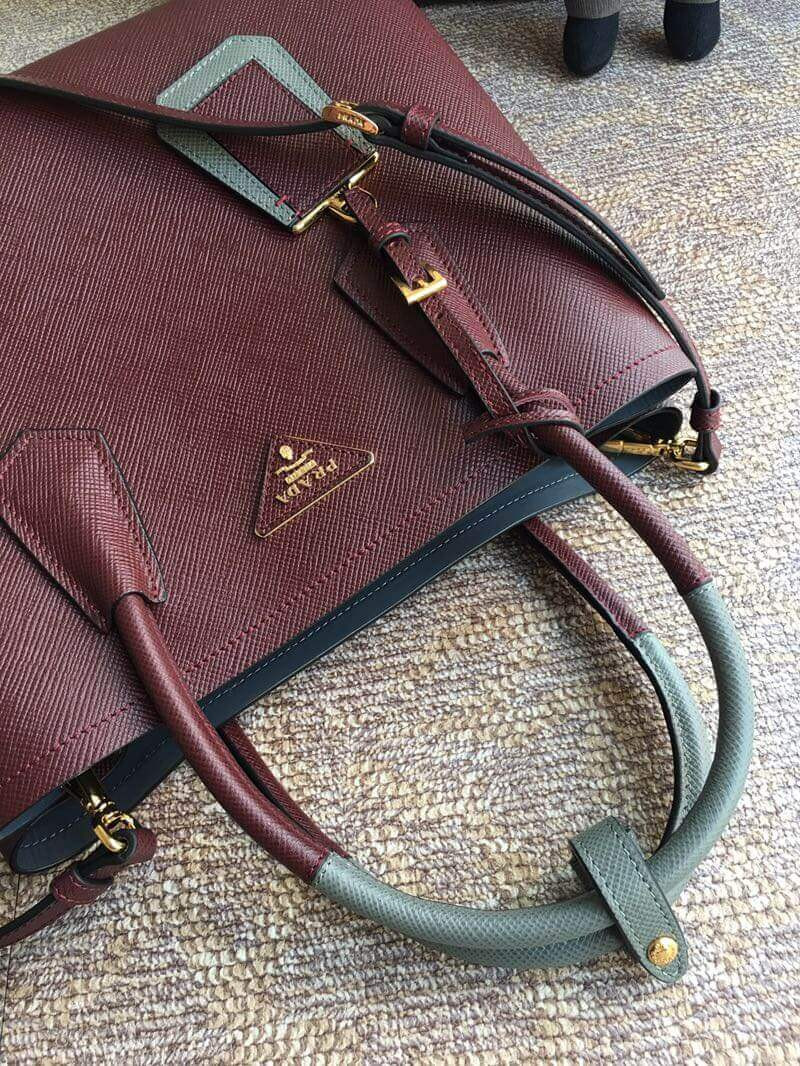 Prada Two-Tone Saffiano Leather Double Bag 1BG775 Burgundy/Grey
