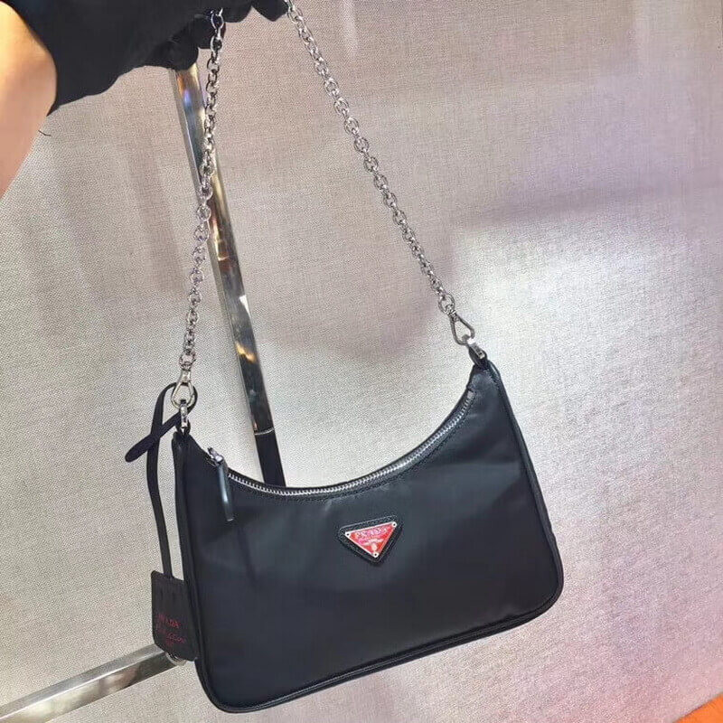 Prada Re-Edition Nylon Multi-Pochette Bag 1BH204 Black with Red Logo