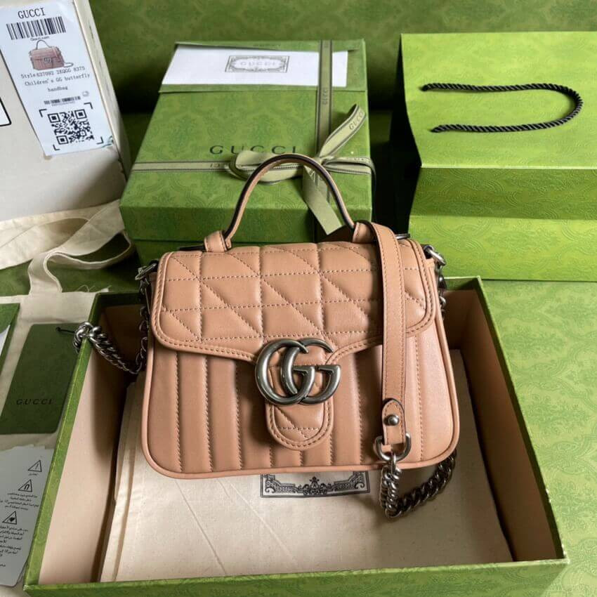 Gucci GG Marmont Rose Beige Matelasse Leather Mini Top Handle Bag 583571