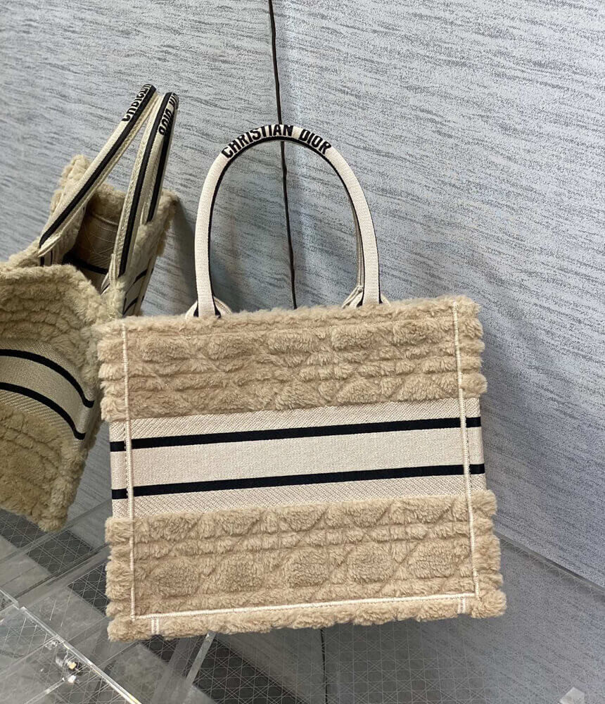 Christian Dior Small Book Tote Beige Cannage Shearling M1265
