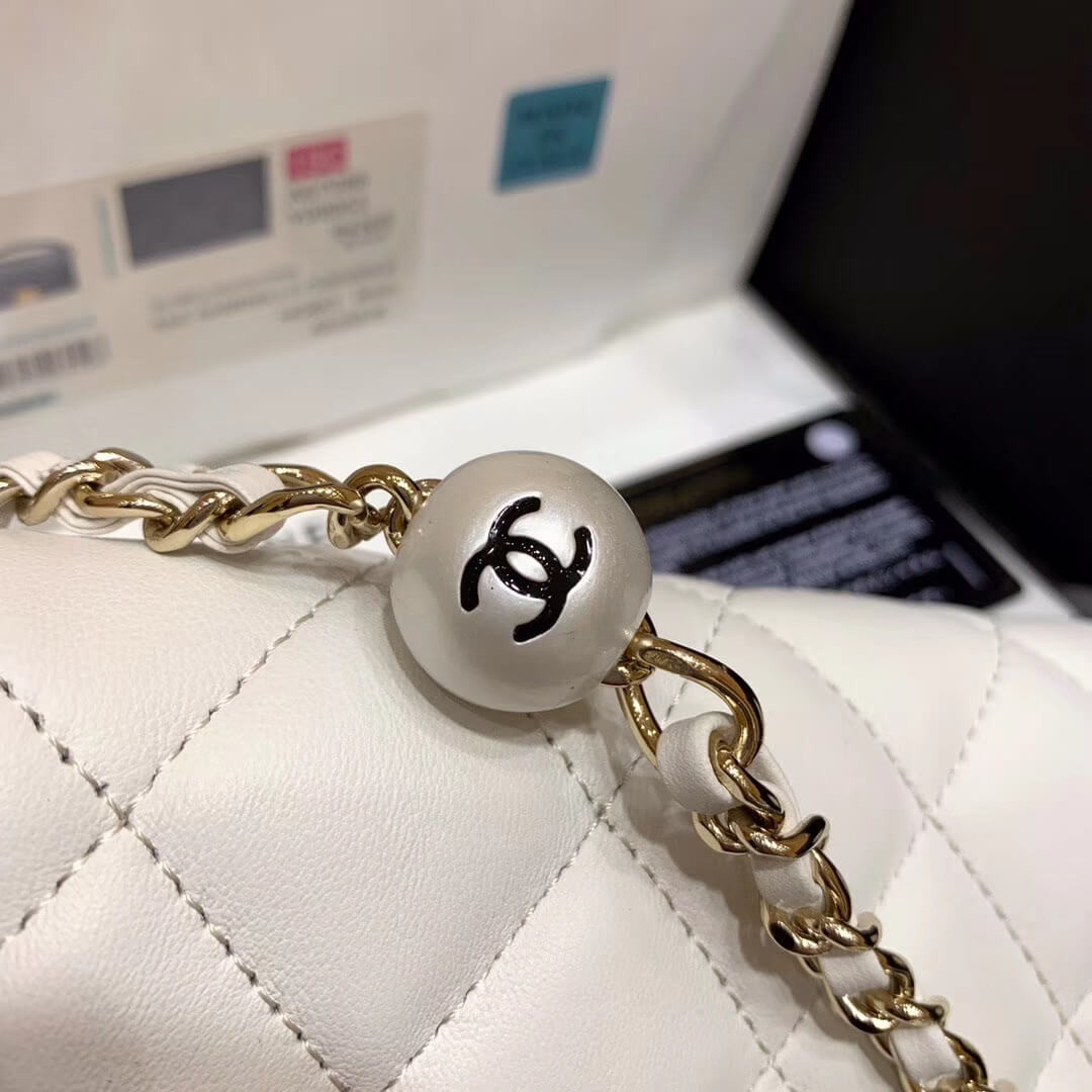 Chanel Small Pearl Logo Strap Flap Bag AS1436 White