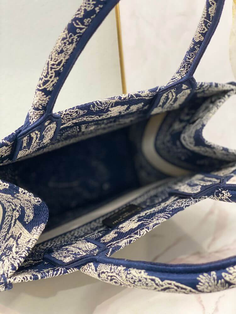 Christian Dior Small Book Tote Bag 26cm Toile De Jouy Embroidery Blue