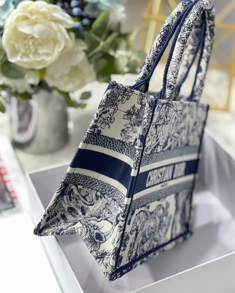 Christian Dior Small Book Tote Bag 26cm Toile De Jouy Reverse Embroidery Blue
