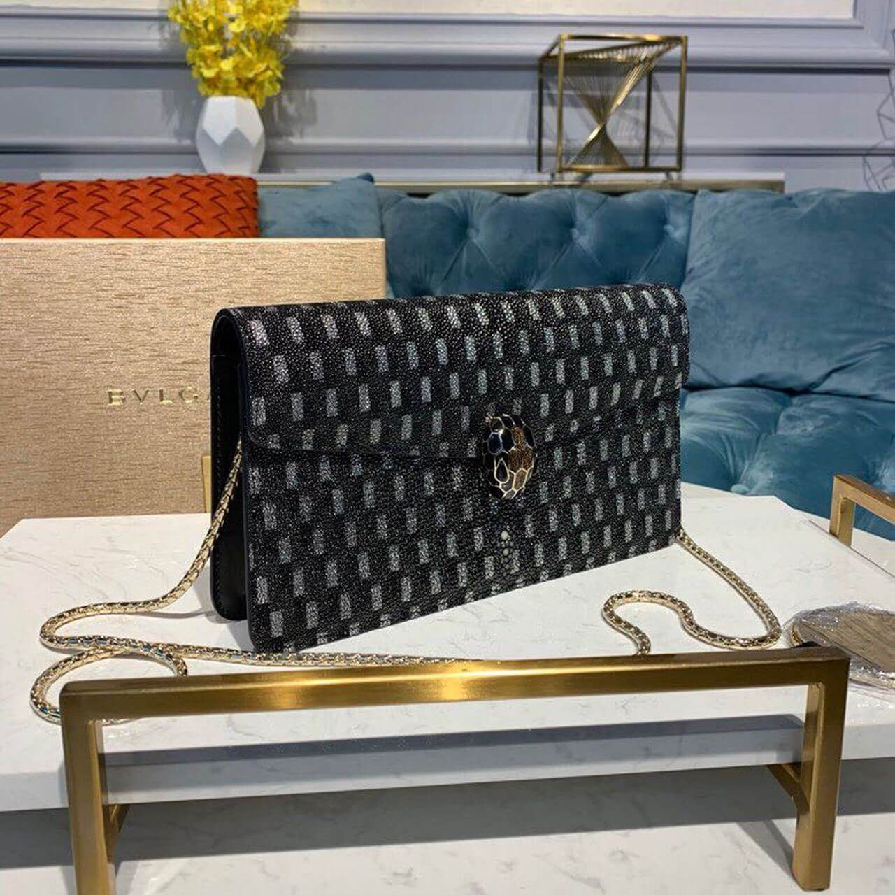 Bvlgari Serpenti Forever Shoulder Bag 25cm in Charcoal Diamond Crystal Galuchat Skin 285850