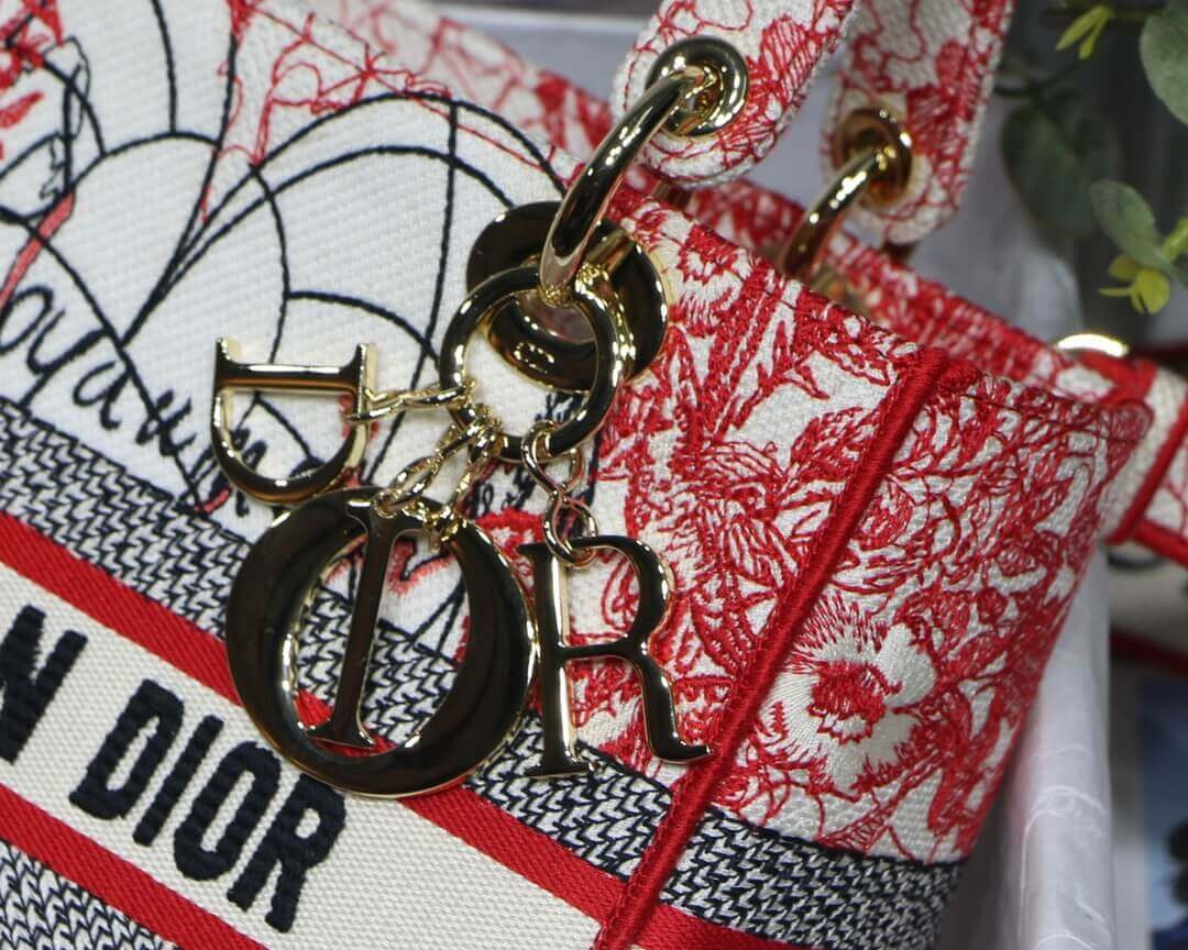 Christian Dior Medium Lady D-Lite Bag Red and White D-Royaume d'Amour Embroidery M0565