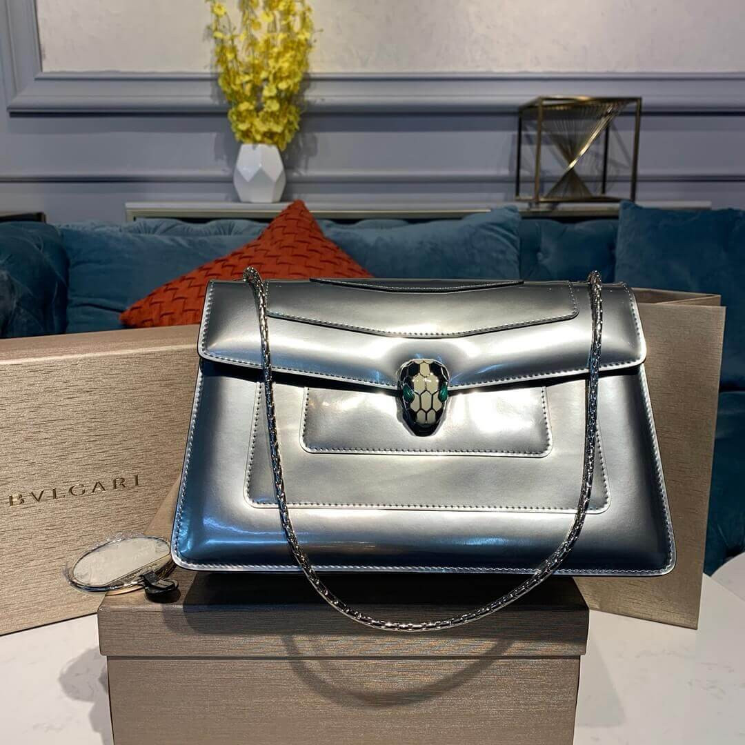 Bvlgari Serpenti Forever Shoulder Bag 28cm in Silver Brushed Metallic 35106