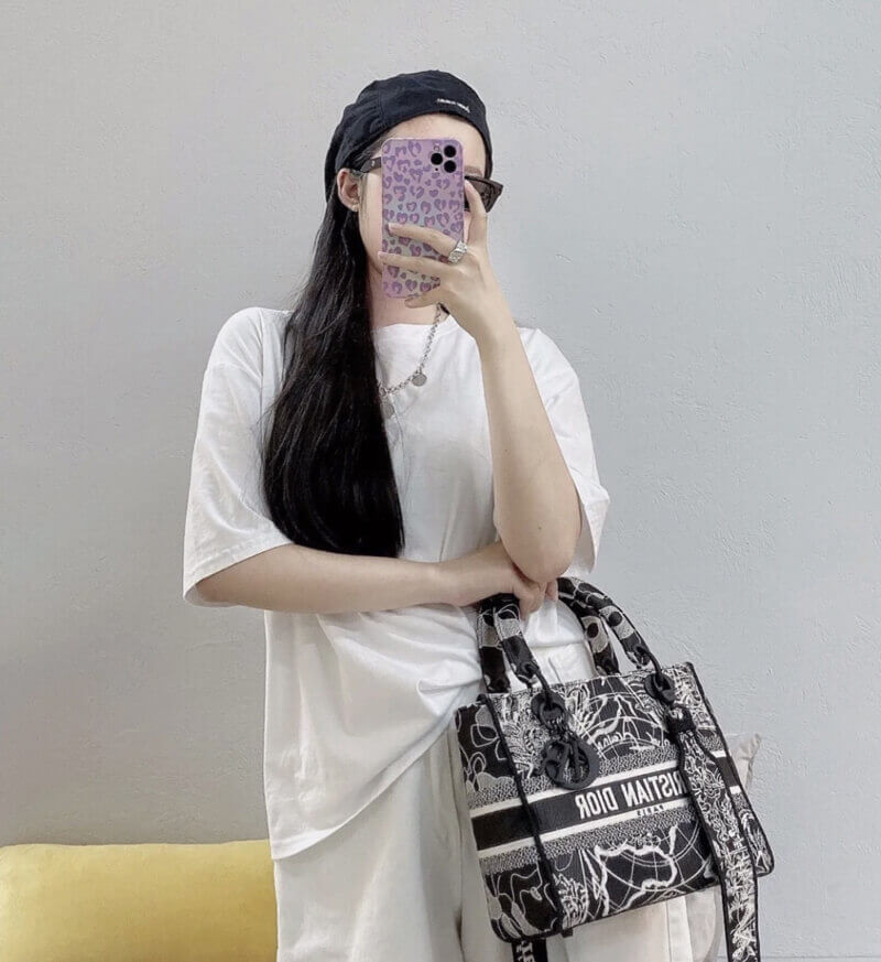 Christian Dior Medium Lady D-Lite Bag Black and White Around the World Embroidery M0565