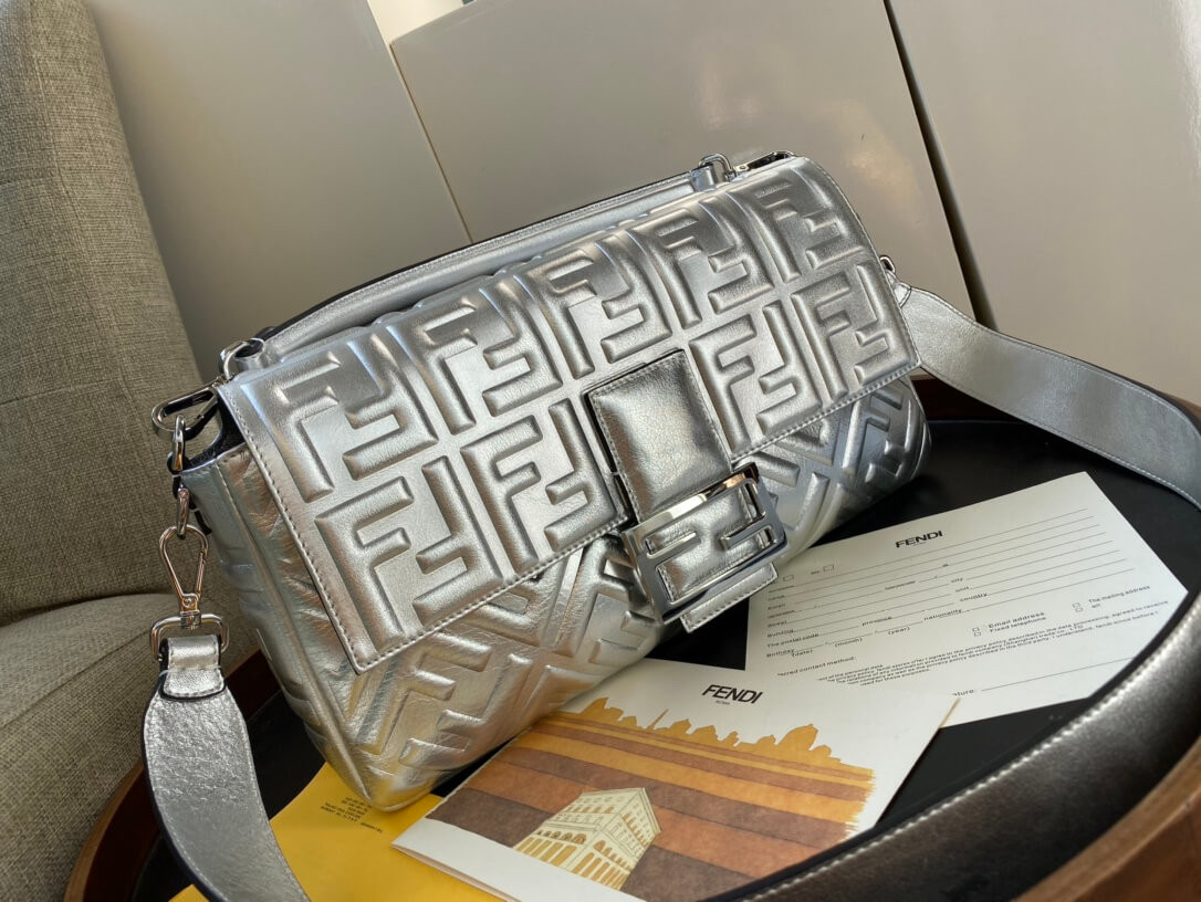 Fendi Baguette Silver Leather Bag 8BR60