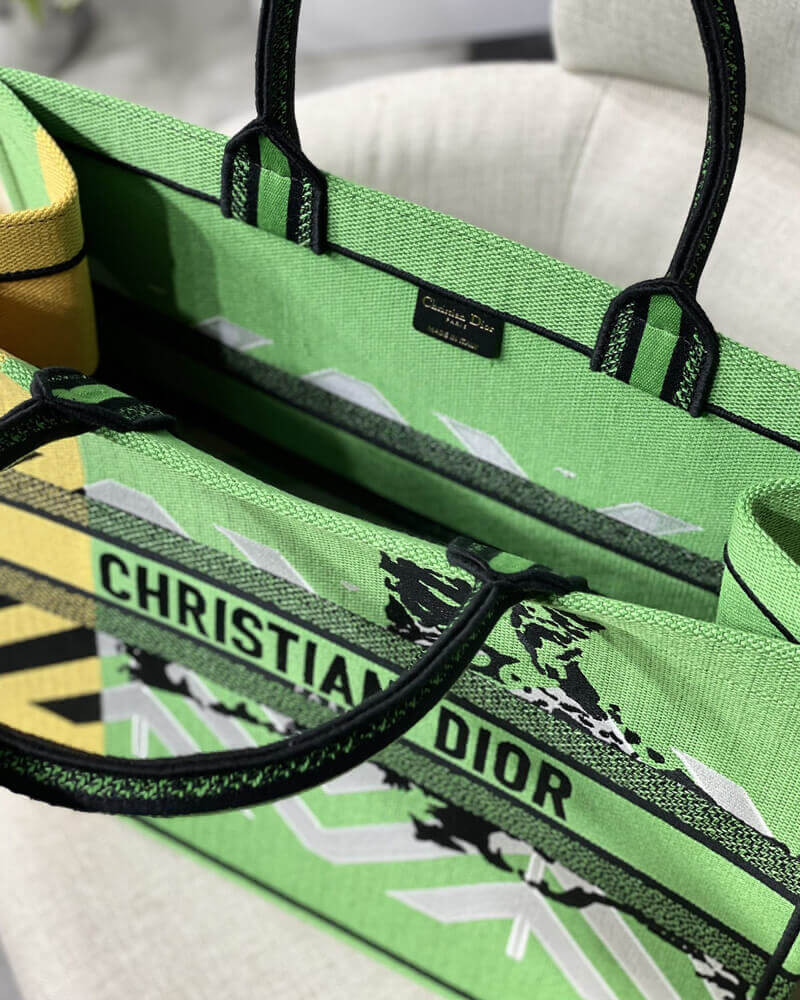 Christian Dior Large Book Tote Bright Green and Orange D-Jungle Pop Embroidery M1286