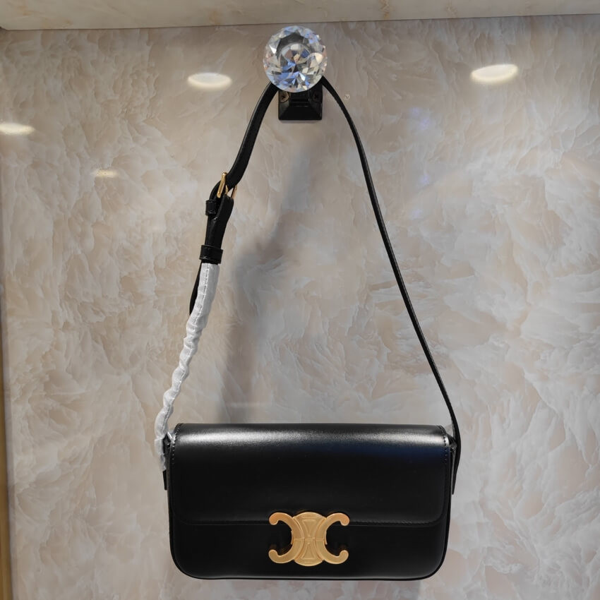 Celine Triomphe Shoulder Bag In Shiny Calfskin 194143 Black