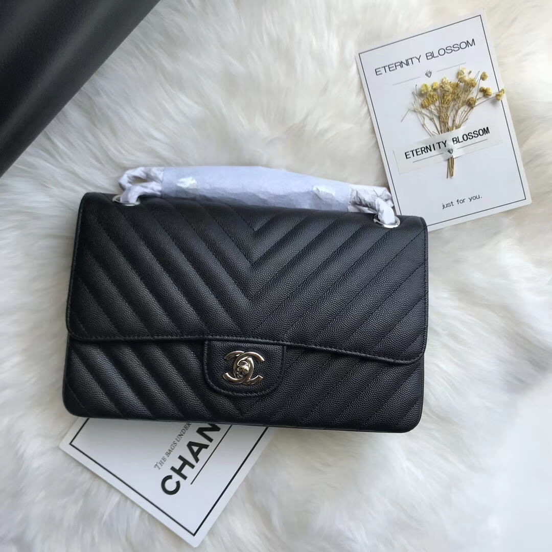 Chanel Chevron Caviar Calfskin Classic Flap Bag A01112 Black