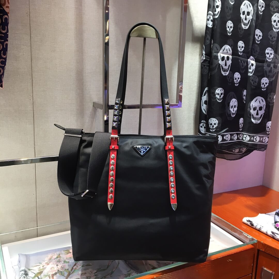Prada Black Nylon Tote With Leather And Studs 1BG212