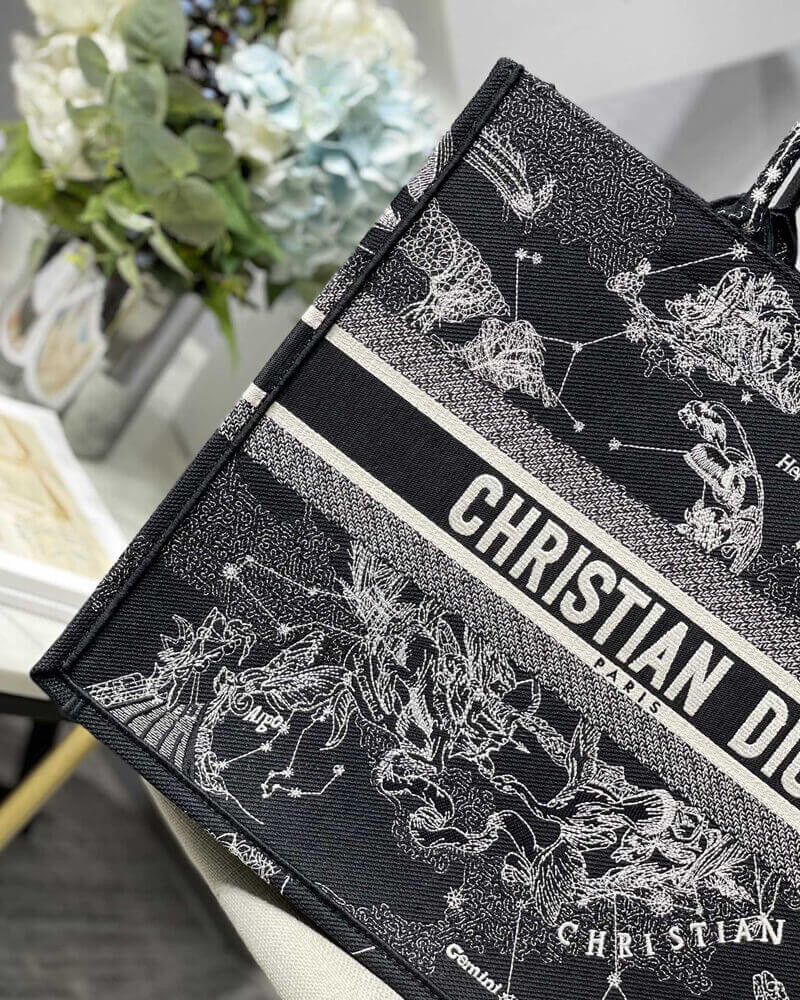 Christian Dior Large Book Tote Black Toile de Jouy Zodiac Embroidery M1286
