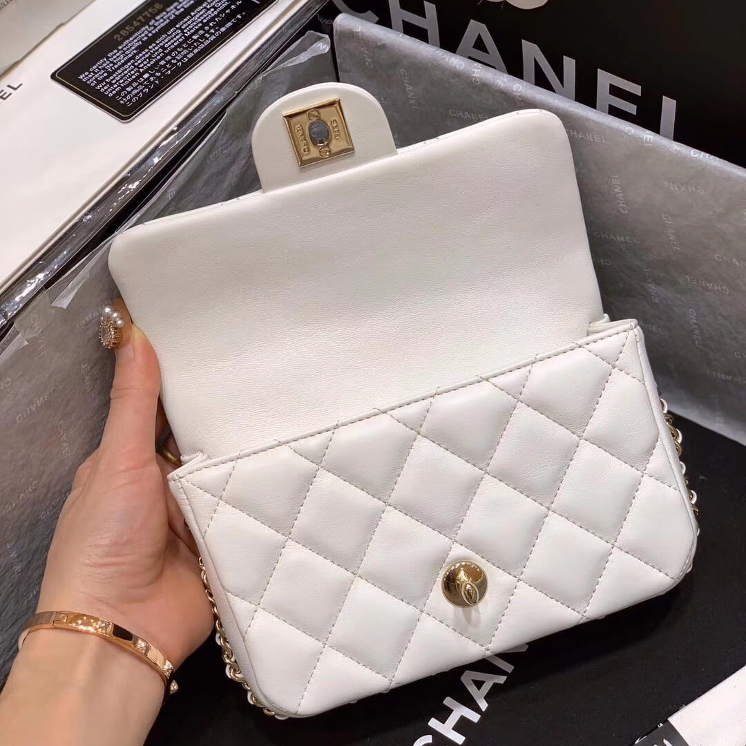Chanel Small Pearl Logo Strap Flap Bag AS1436 White