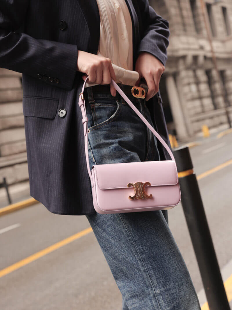 Celine Triomphe Shoulder Bag In Shiny Calfskin 194143 Lavender Grey